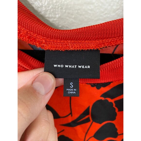 Who What Wear Womens Red Midi Dress Black Leaf Print Size S Belted Polyester - Picture 3 of 7